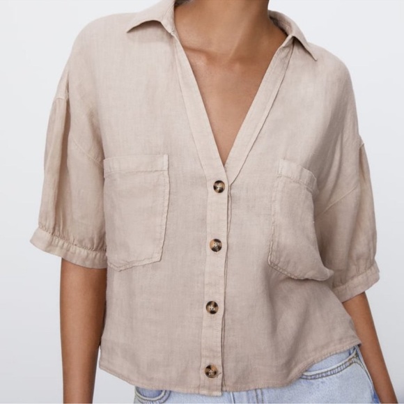 Zara Tops - Zara Women’s Linen Cropped Button-Up Shirt Short Sleeves Size L